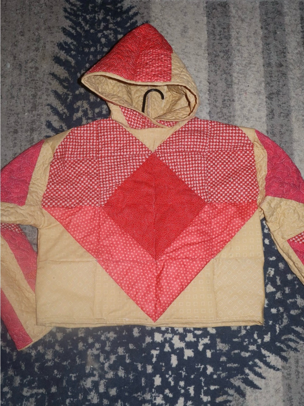 Quilted Hooded Pullover in Red & Cream for Women